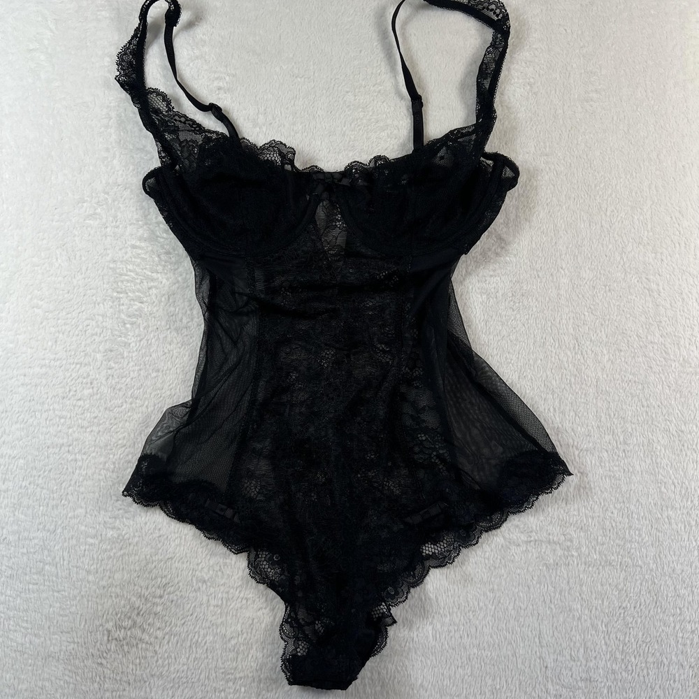 Victoria's Secret Teddy Womens 34D Black Lace Sheer Underwire One Piece Lingerie